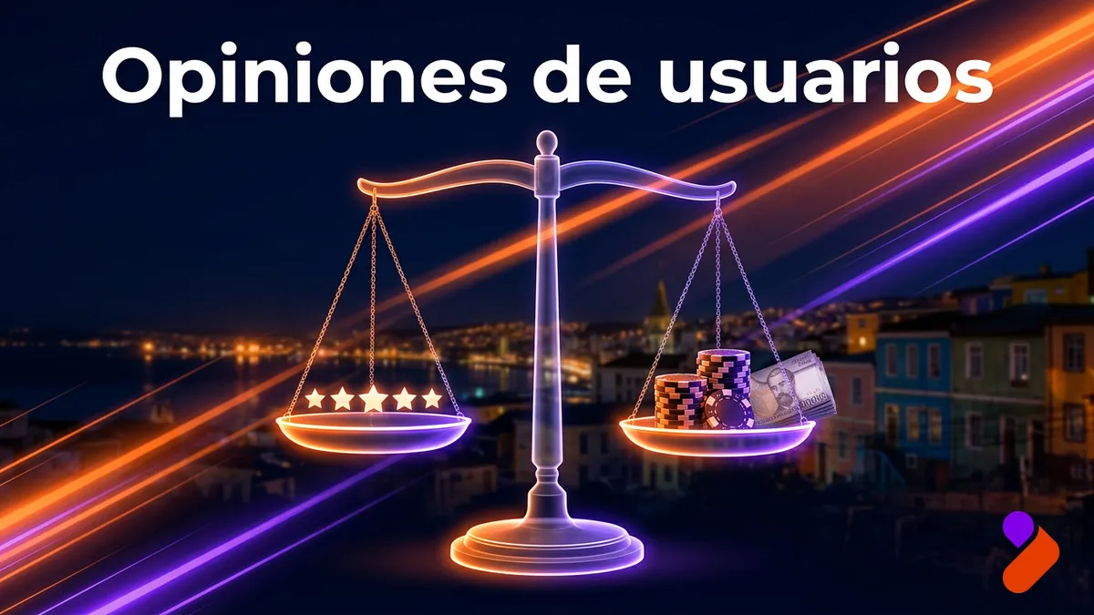 Balanza con estrellas de reseñas y fichas de casino frente a las luces de Valparaíso, resumen de opiniones de Tonybet en Chile